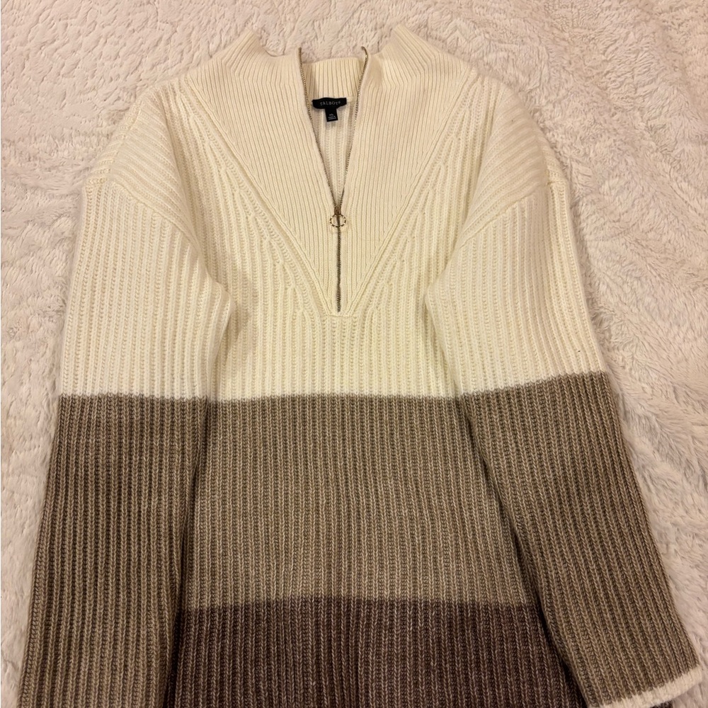 Talbots Cream and Brown V-Neck Sweater with Colorblock Design